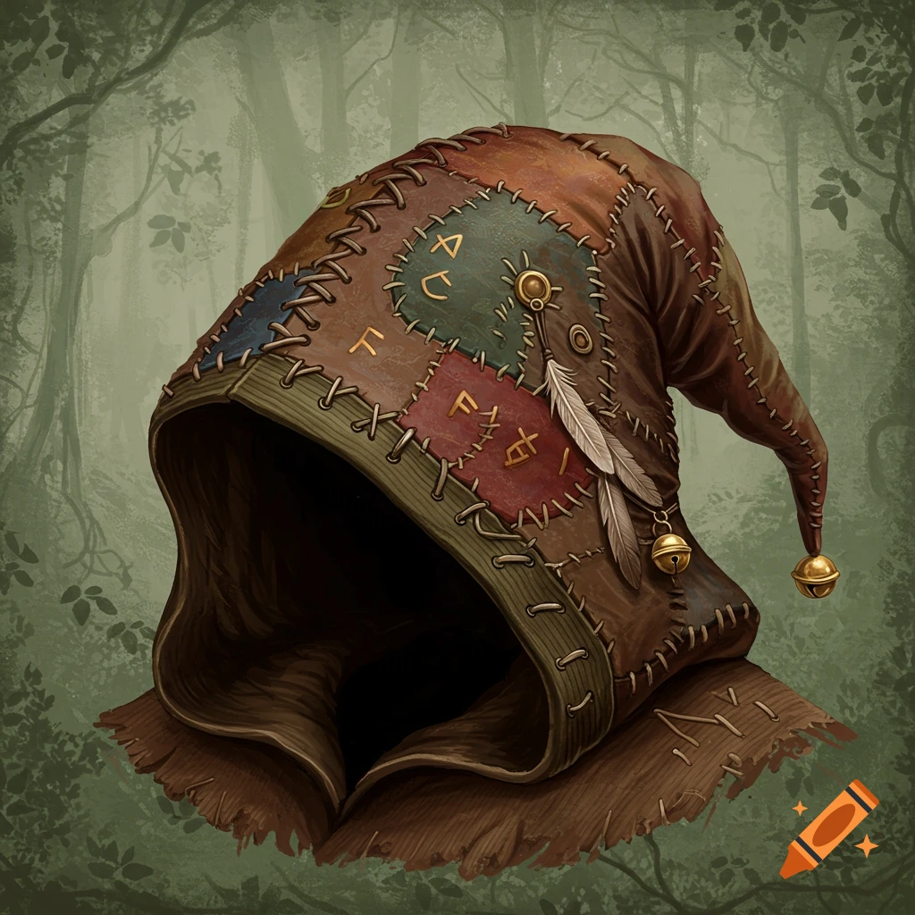 Patched leather hooded hat with rune-like symbols, feathers, and bells in a forest setting, fantasy art.
