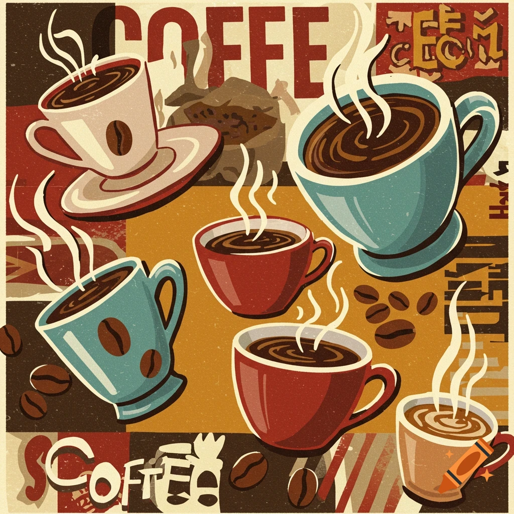 Retro style illustration of multiple steaming coffee cups and coffee beans with vintage text elements.