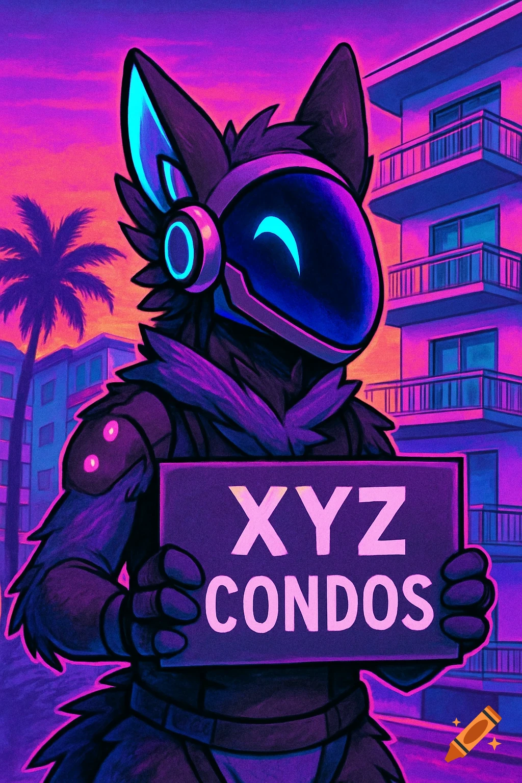 Protogen furry character holds a sign saying 'XYZ CONDOS' in a vibrant vaporwave cityscape with buildings and palm trees.