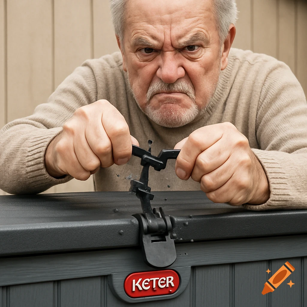 An angry older man attempts to break a plastic lock on a grey outdoor storage box.