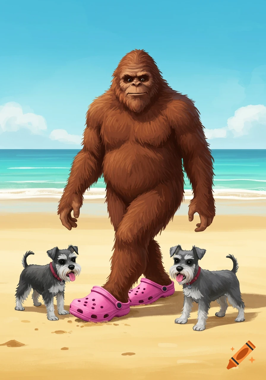 Bigfoot wearing pink crocs walks two Schnauzer dogs on a sunny beach in a stylized illustration.