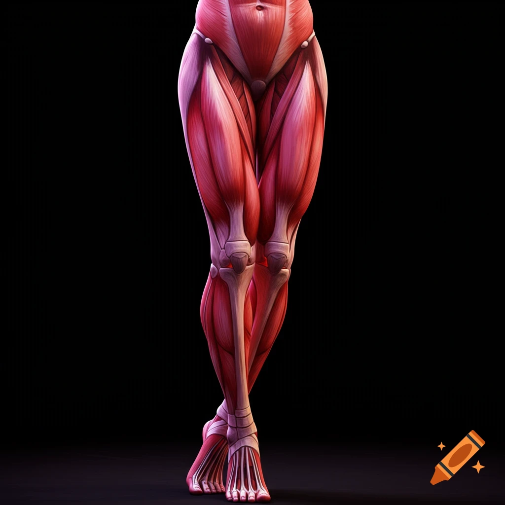 Anatomical illustration of human legs showing muscles and bones, with knees bent in the opposite direction, on a black background.