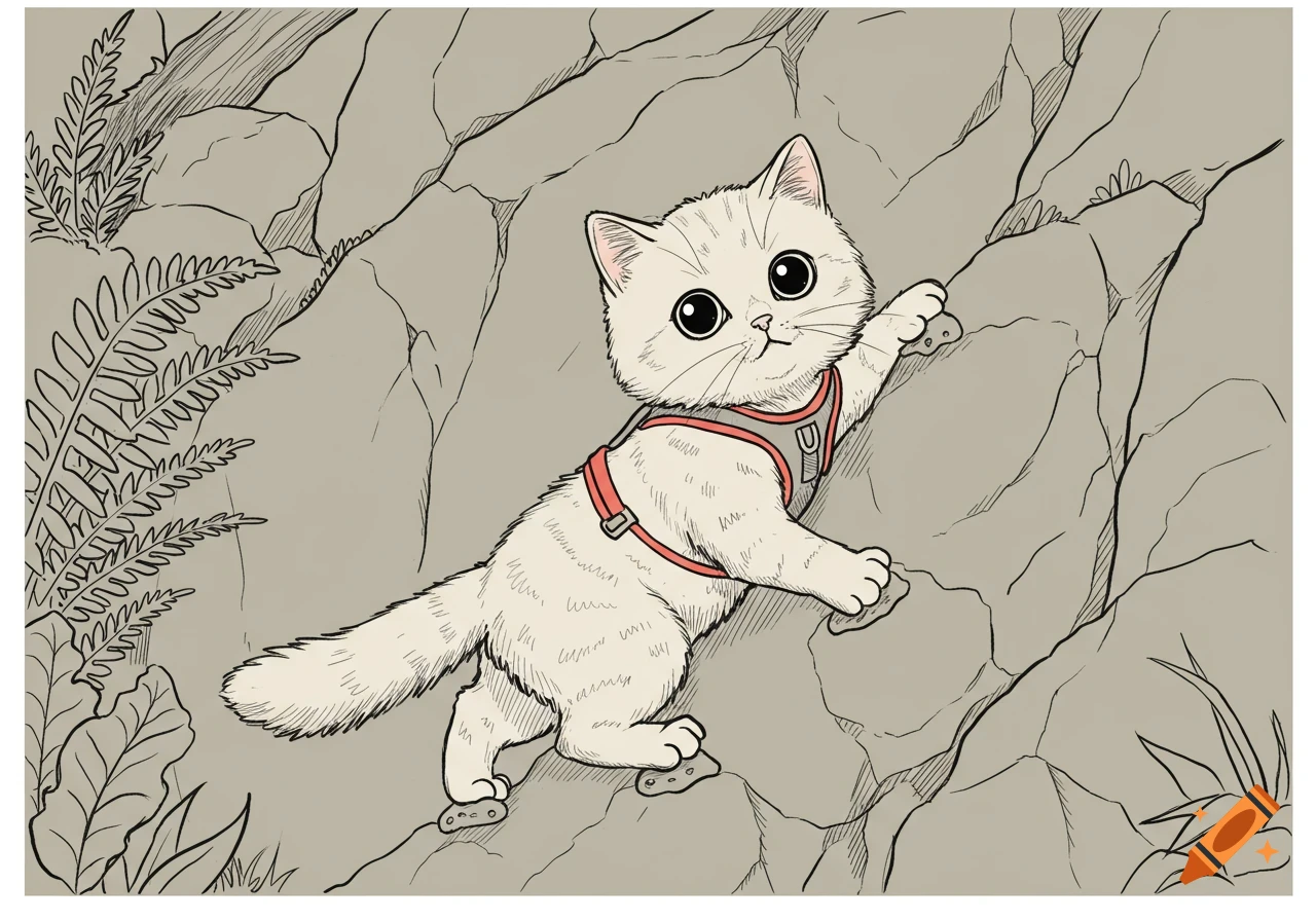 Illustration of a cute kitten in a harness rock climbing up a rock wall with greenery.