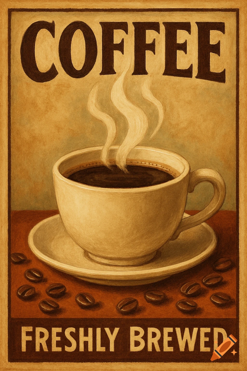 Vintage style coffee advertisement poster with steaming cup and beans. Text: COFFEE FRESHLY BREWED.