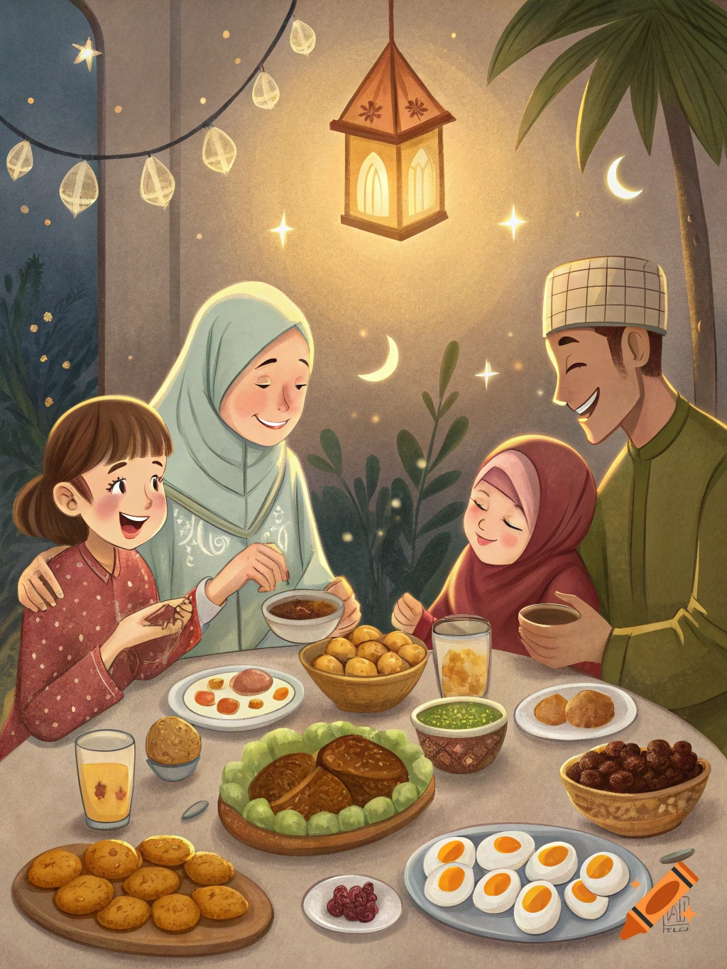 A cartoon illustration of a Muslim family sharing a meal at night, with food, a lantern, and crescent moons.