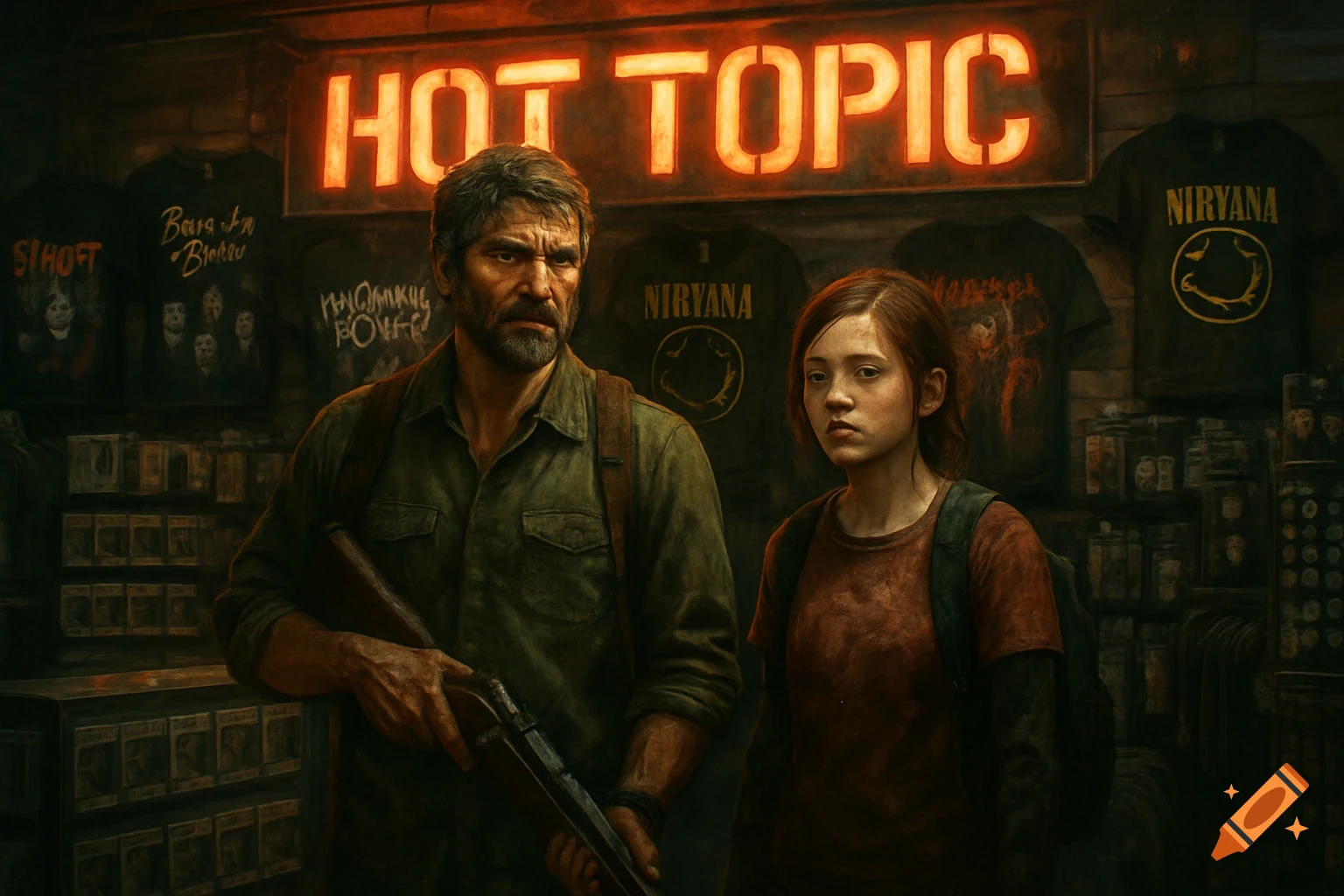 Joel and Ellie stand in a dimly lit Hot Topic store with the neon sign glowing above them. Joel holds a rifle.