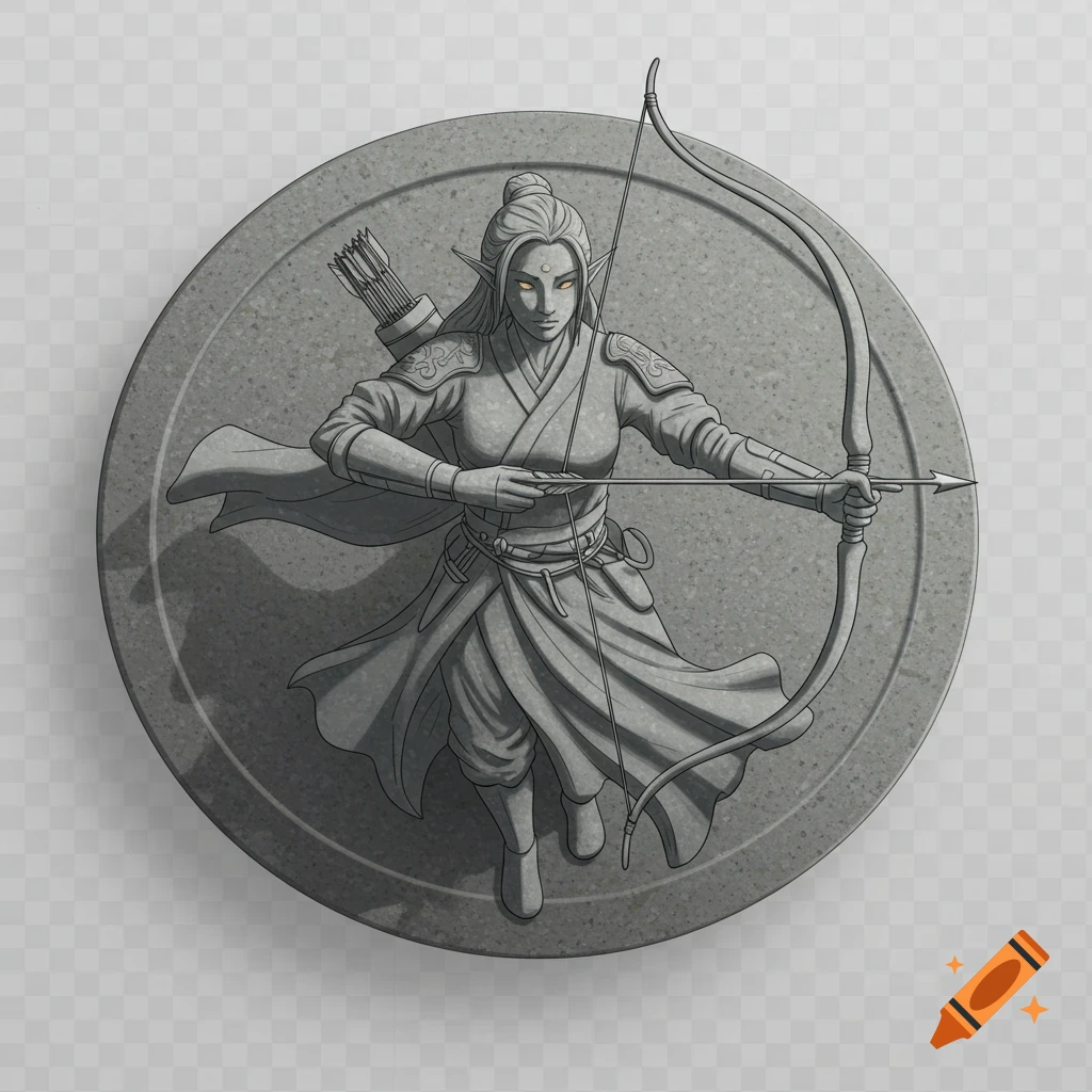 Granite carving of an elven archer drawing a bow on a stone disk, viewed from above.