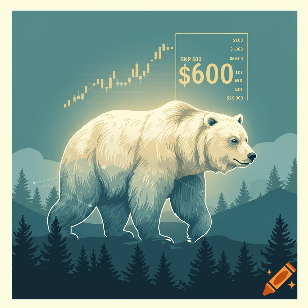 Stylized illustration of a bear walking through a forest with a financial chart and numbers overhead.