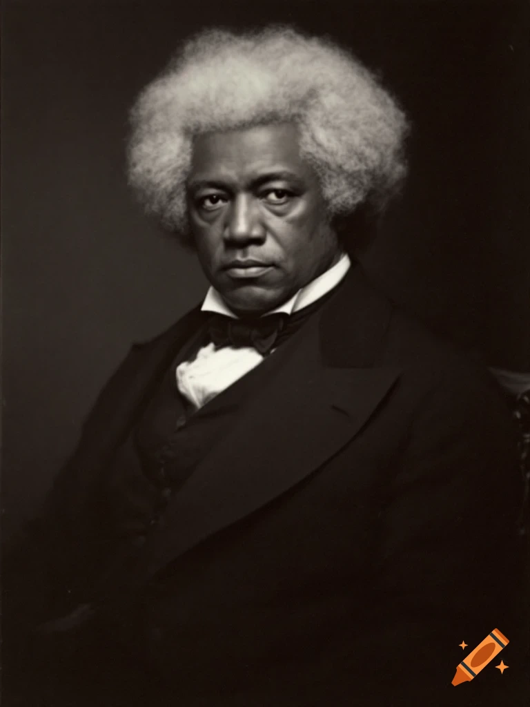 A portrait of Frederick Douglass with a serious expression, wearing a dark suit and bow tie.
