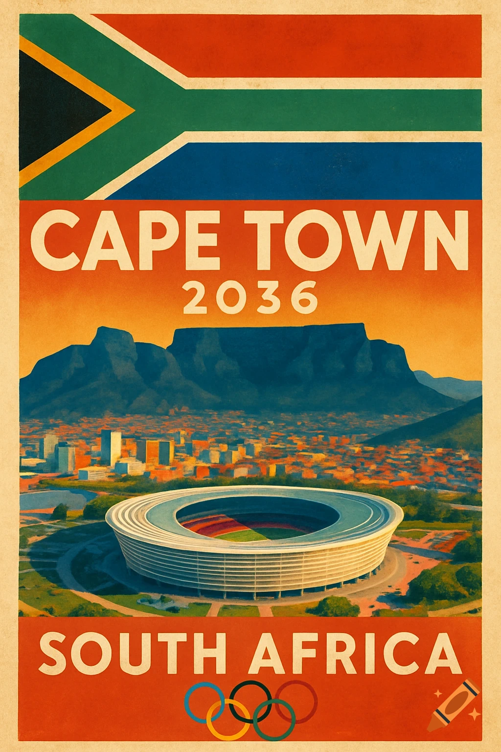 Cape Town 2036 Olympics poster with South African flag, Table Mountain, city, and stadium.