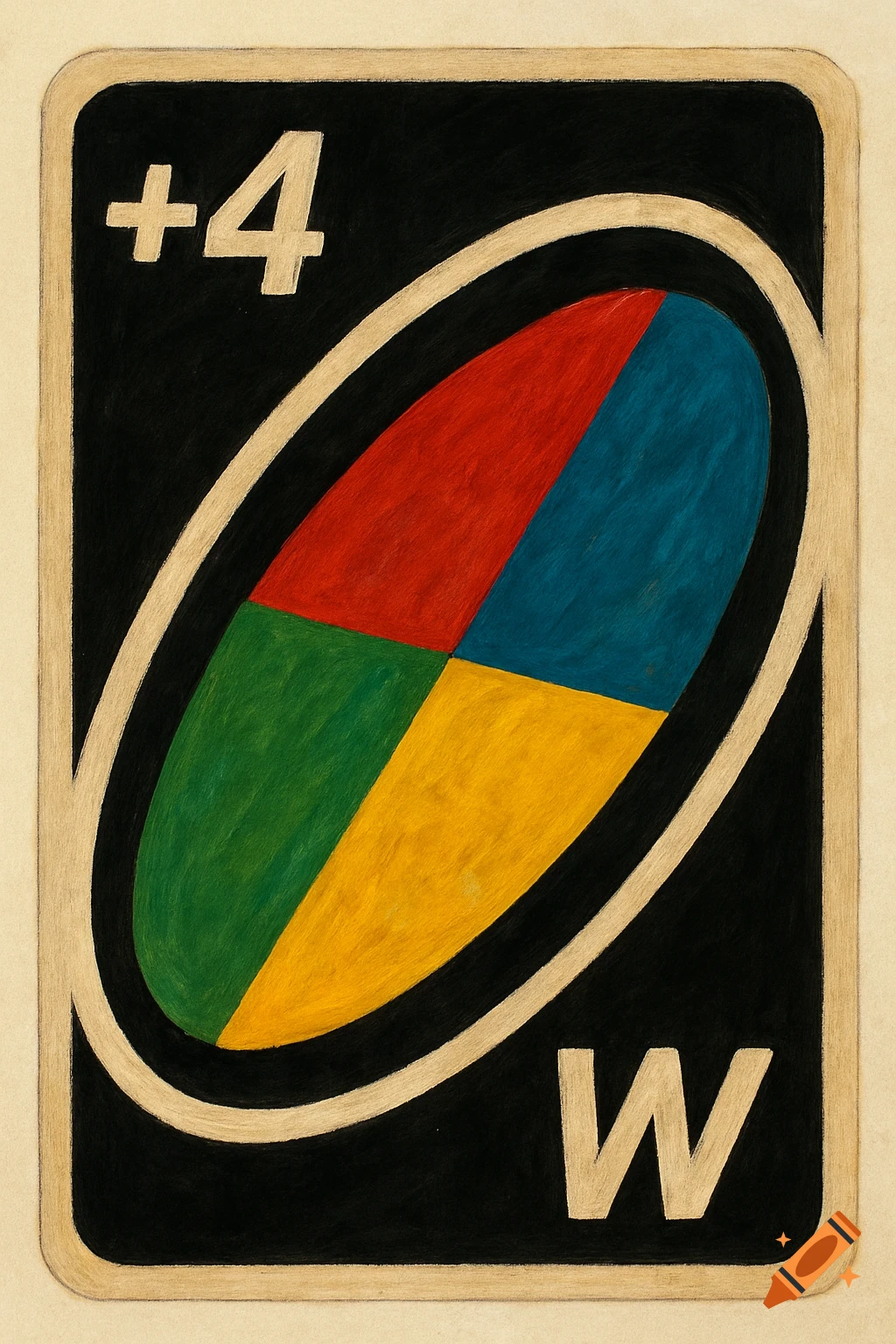 An illustrated Uno Wild +4 card with red, blue, green, and yellow sections on a black background.