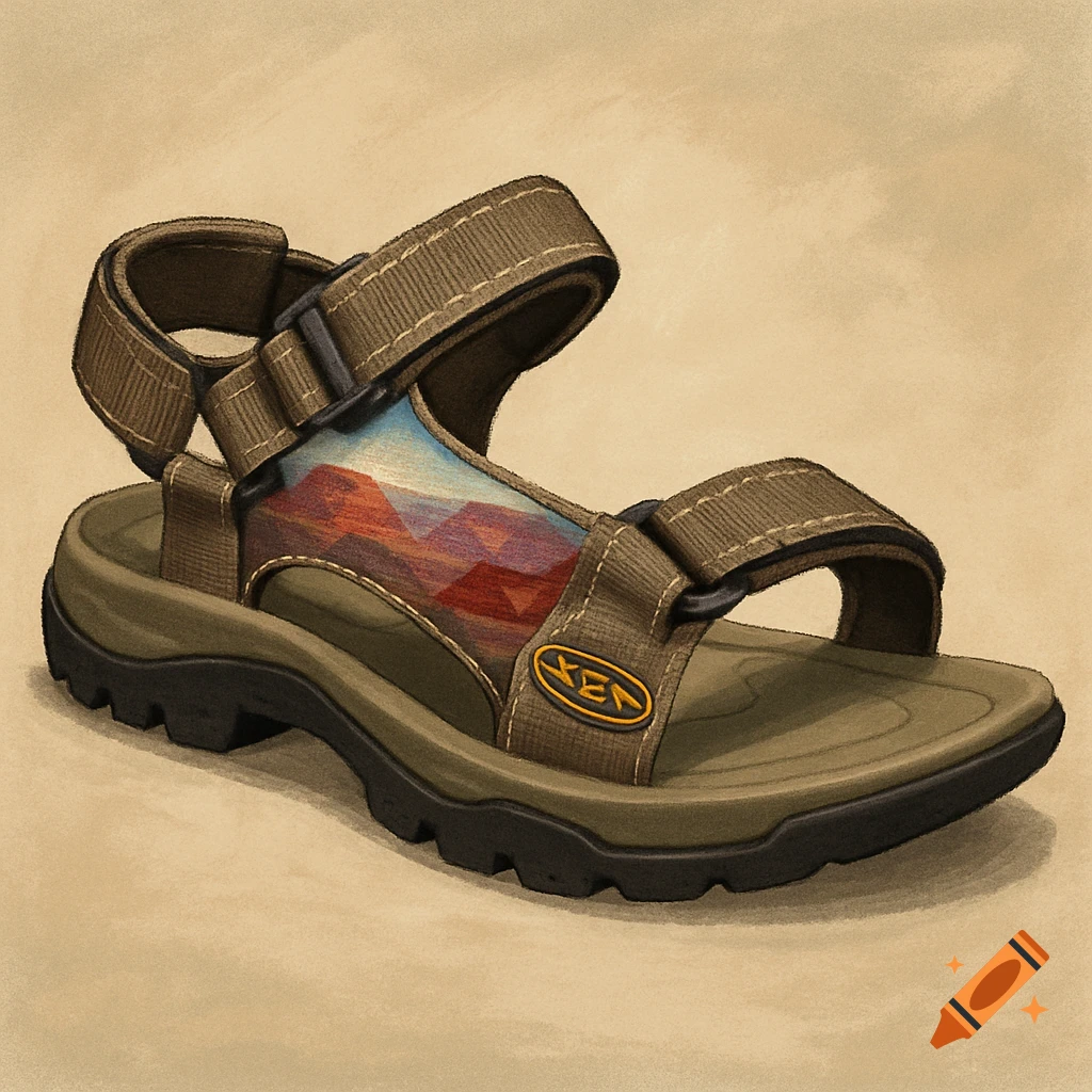 A brown hiking sandal with a stylized desert landscape graphic on the strap and a KEEN logo.