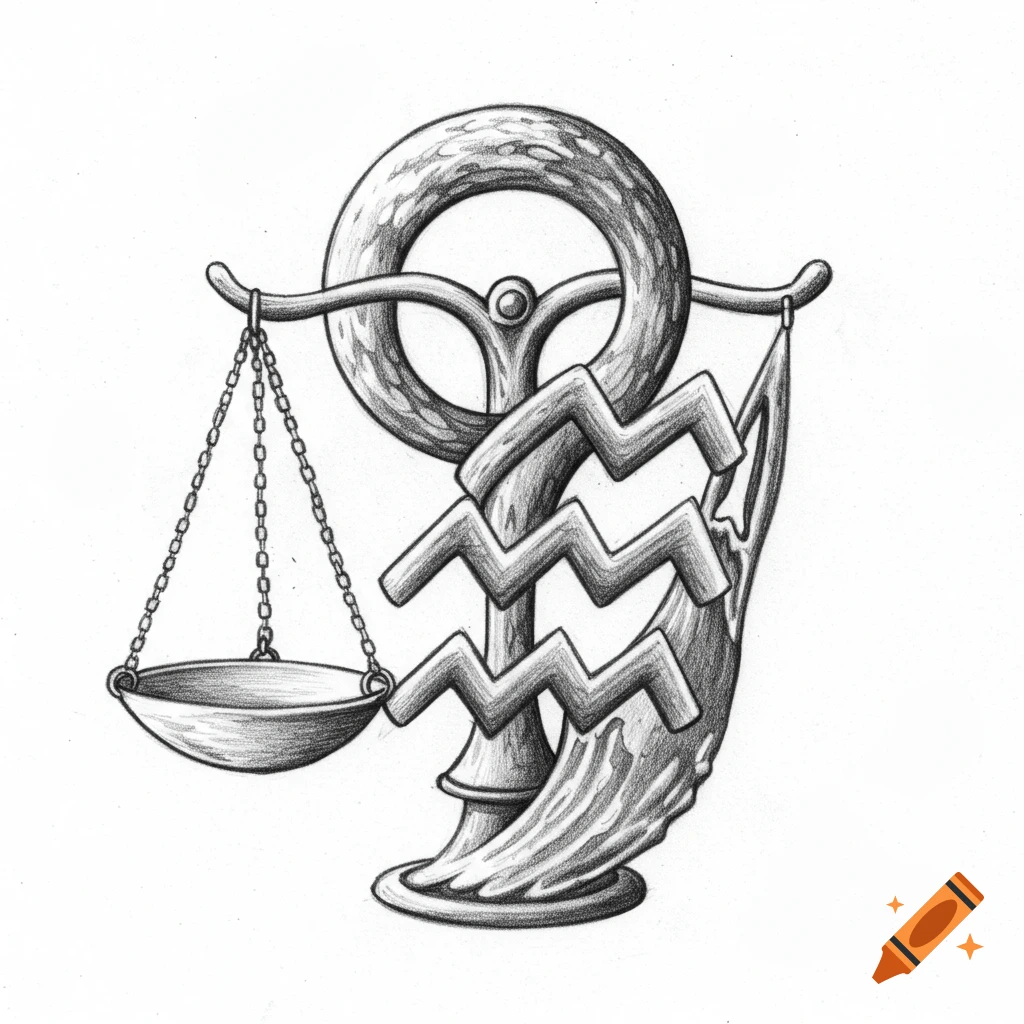 A combined Libra and Aquarius zodiac symbol in pencil drawing style.