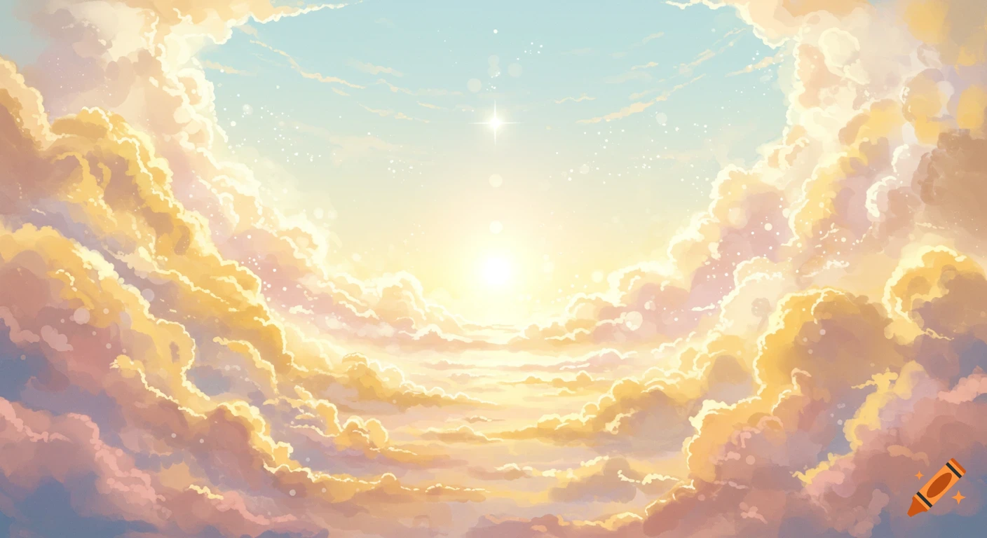 Bright sunlight shines through glowing golden and pink clouds in a stylized heavenly sky.