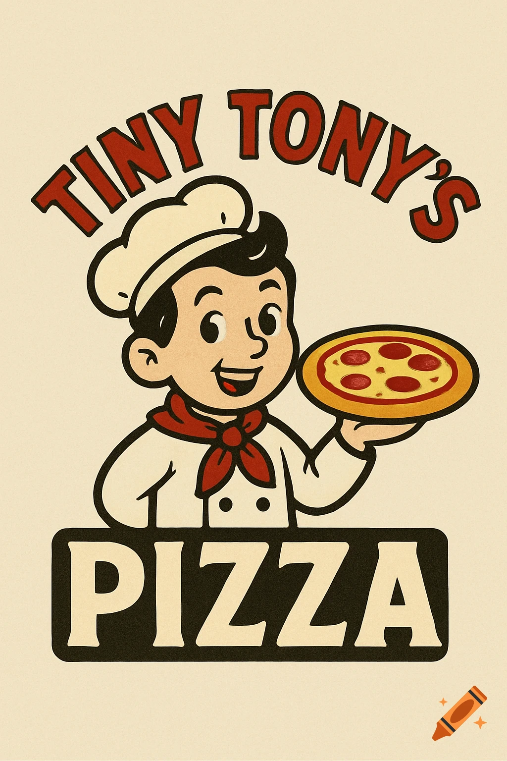 Retro cartoon logo of a boy chef holding a pizza, text reads TINY TONY'S PIZZA