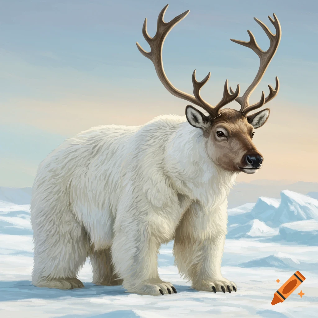 Hybrid creature with polar bear body and reindeer head standing in snowy arctic landscape, digital painting.