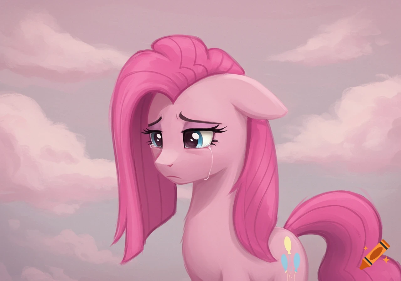 A crying pink cartoon pony with tears in her eyes looks sad against a  cloudy pink sky. on Craiyon, image size:1280x896