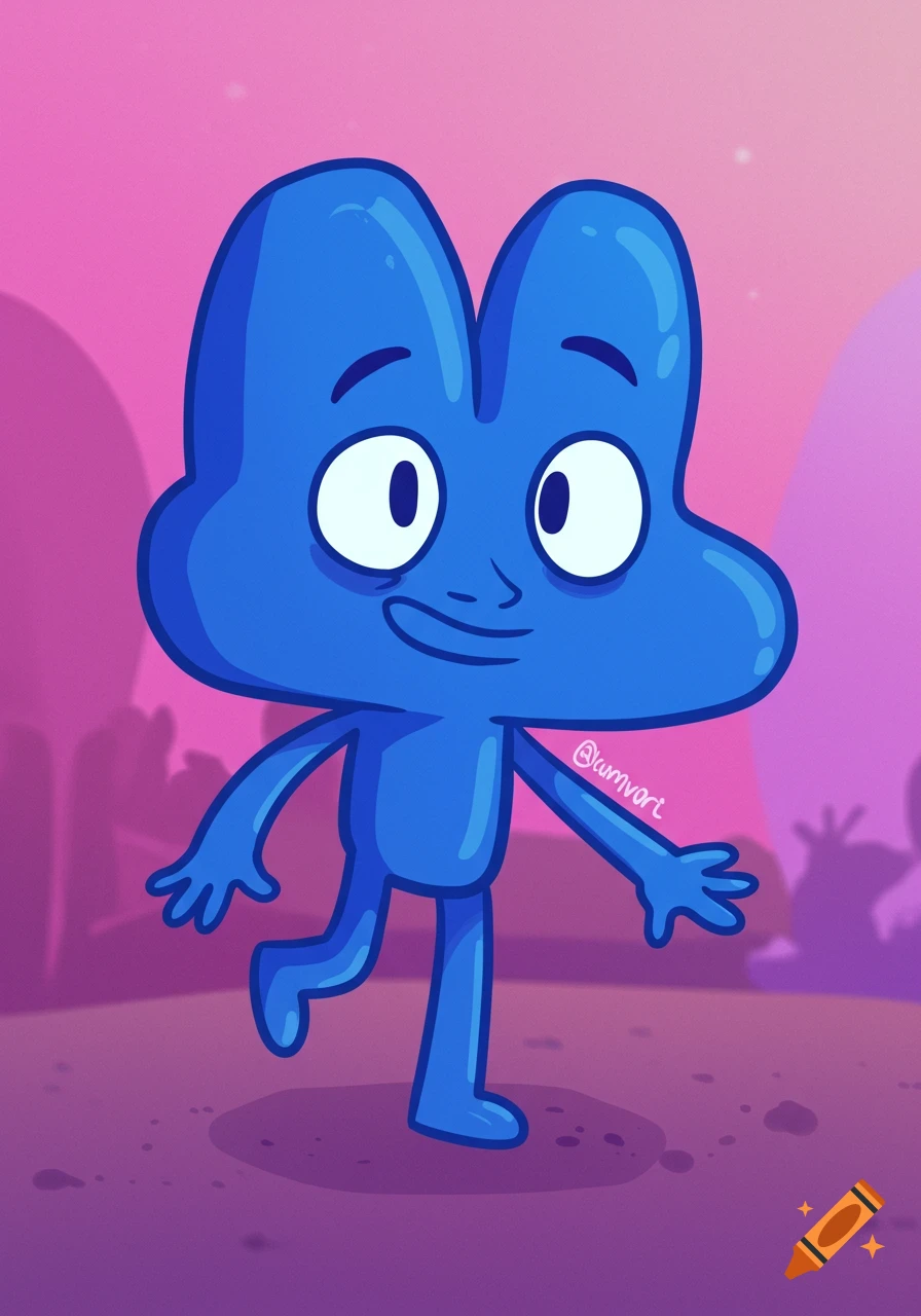 Blue cartoon character shaped like the number 4 standing in a stylized landscape.