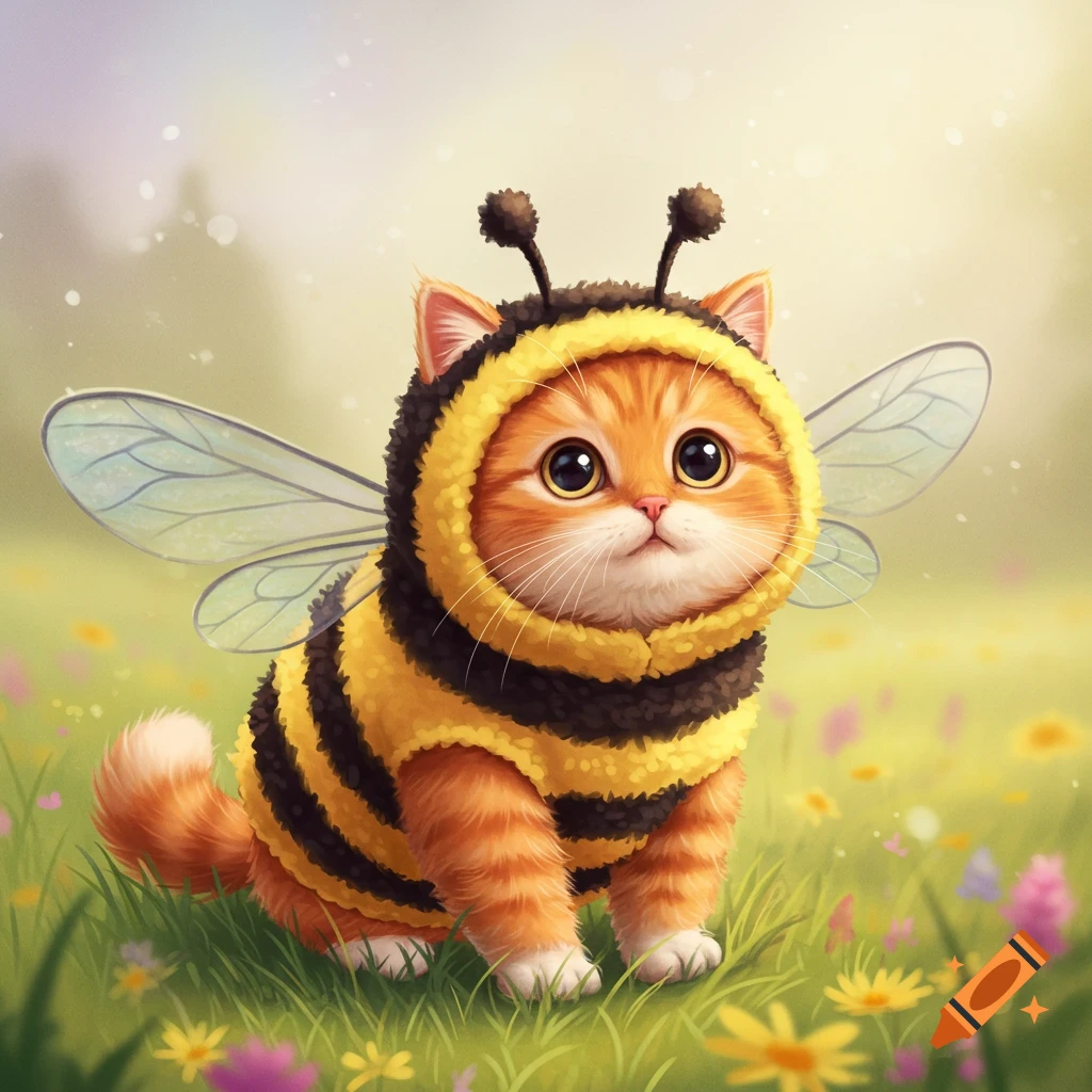 A cute orange tabby kitten wears a fluffy black and yellow bee costume with wings and antennae, sitting in a field of colorful flowers.