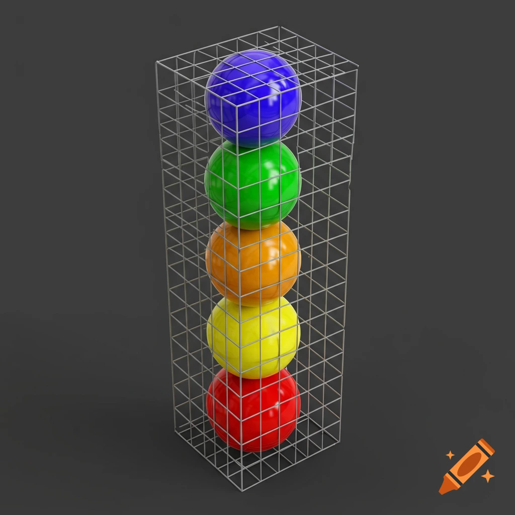 A stack of five colorful balls inside a tall wire grid cage, rendered against a dark background.