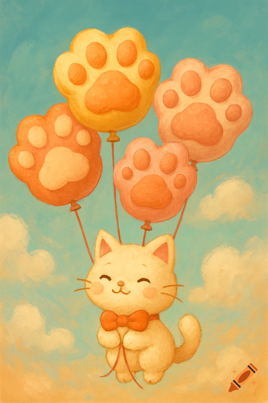 A cute cartoon cat holding strings of four paw-shaped balloons and floating in a blue sky with clouds, in a watercolor style.