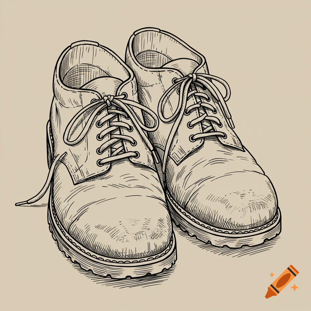 Line drawing of a pair of worn boots with loose laces.