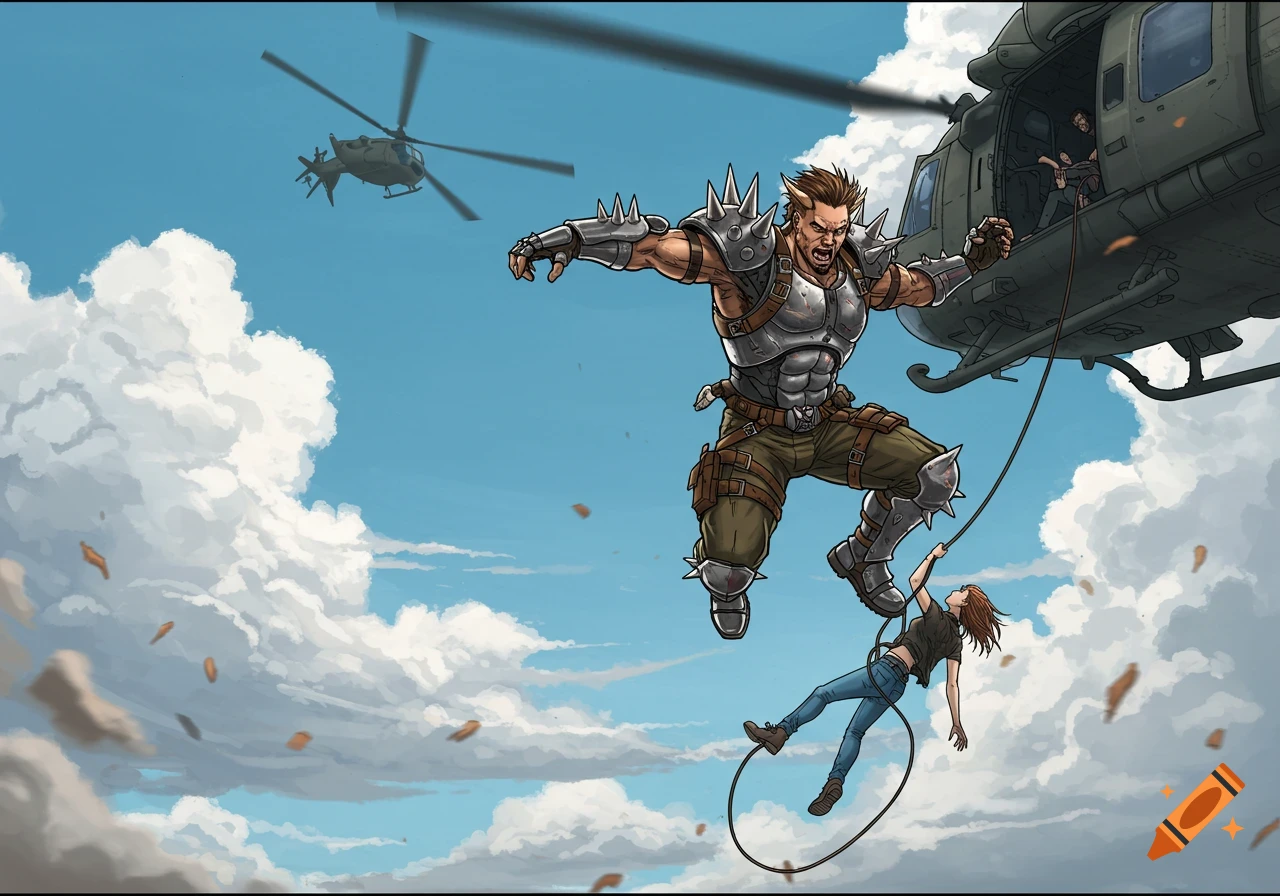 Comic book illustration of a man in spiked armor jumping from a helicopter to rescue a woman on a rope.