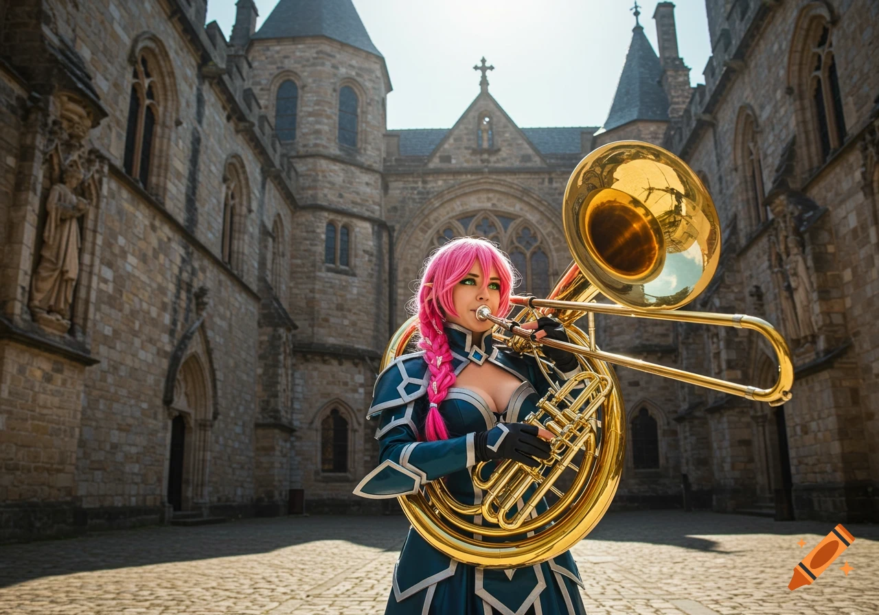 A woman with pink hair in fantasy armor plays a large brass instrument in a castle courtyard.
