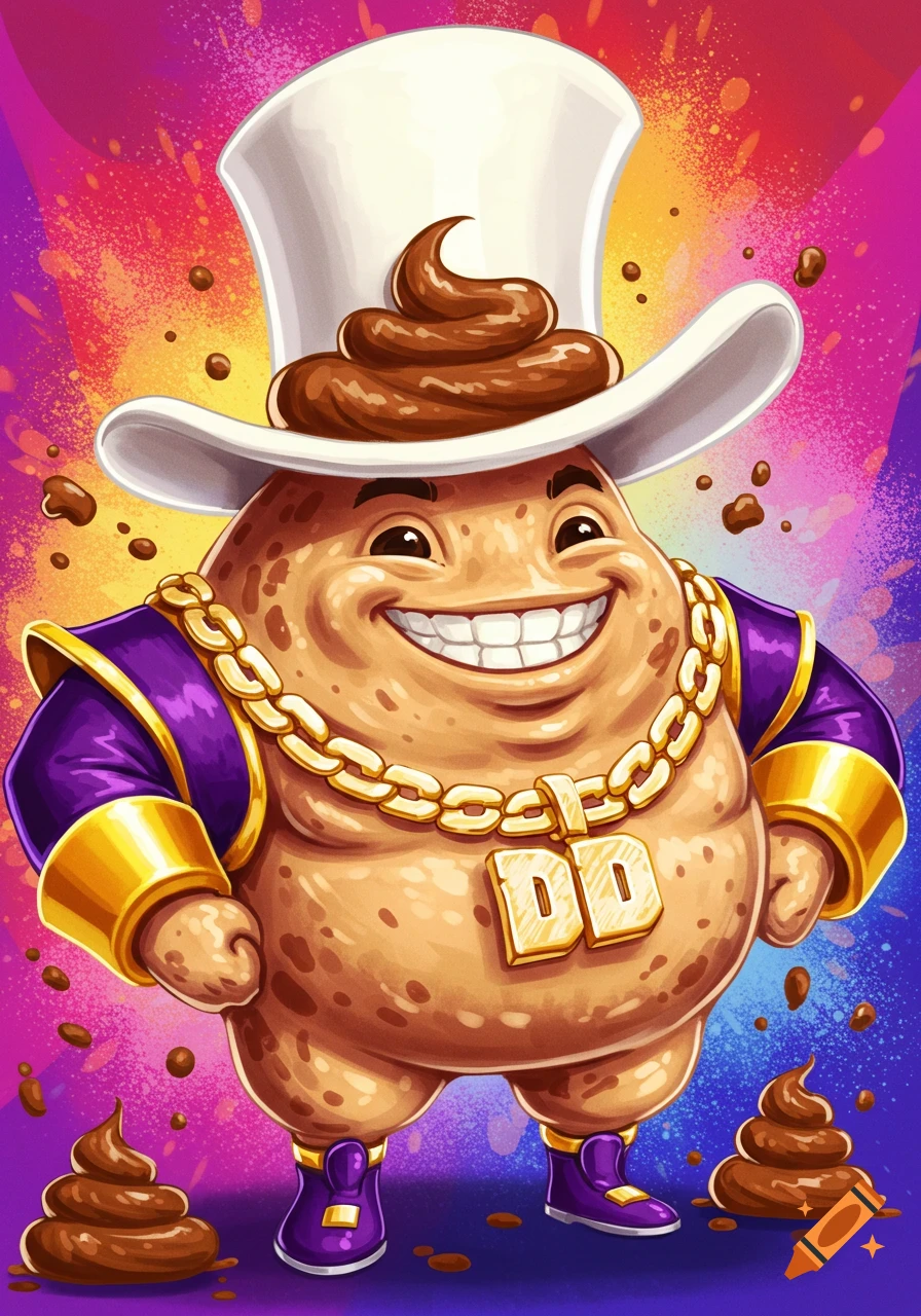 Cartoon poop character in hat, jacket, gold chain with 'DD' pendant, next to poop piles.