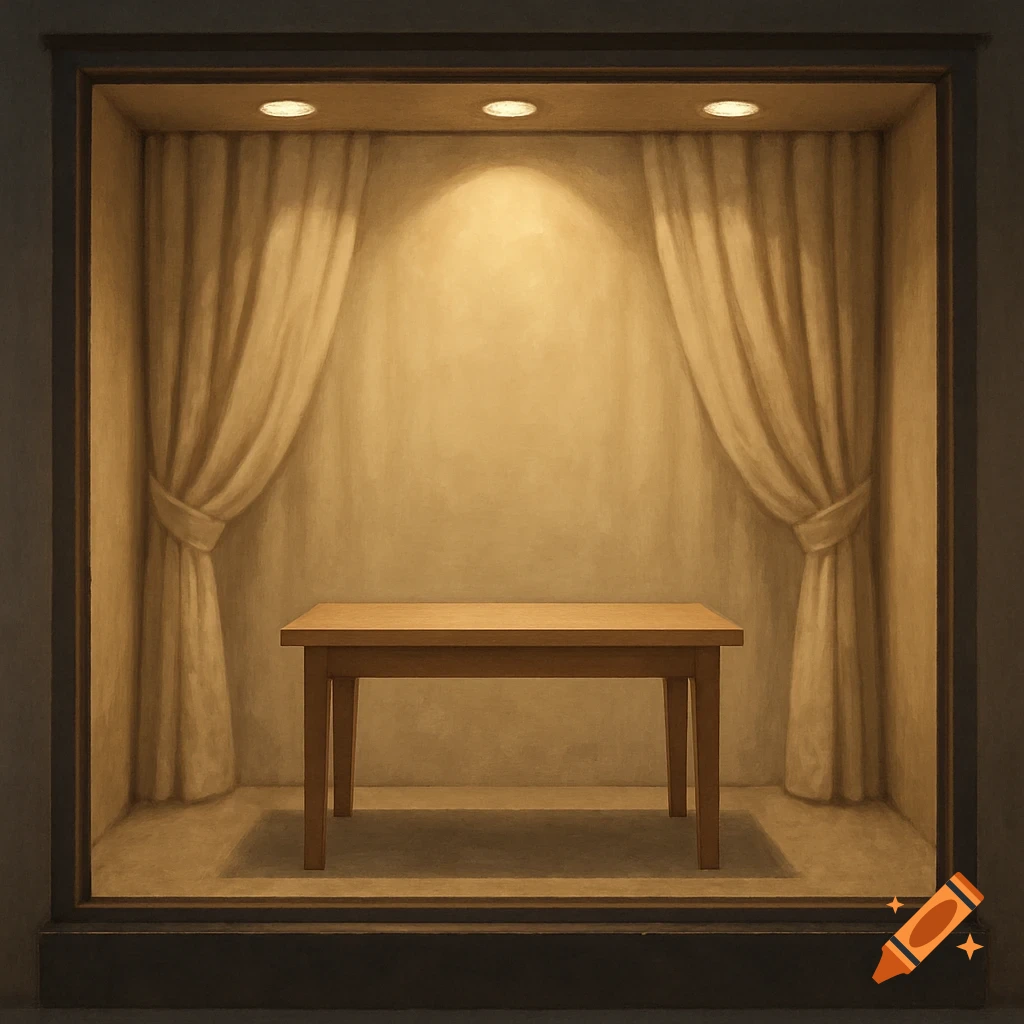 A display window template with beige curtains, three spotlights, and a wooden table in the center.