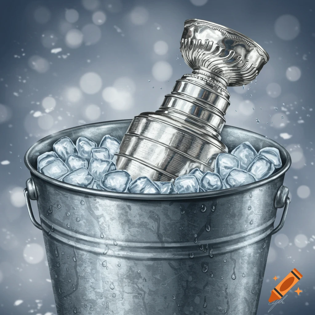Illustration of the Stanley Cup trophy in a metal bucket filled with ice cubes.