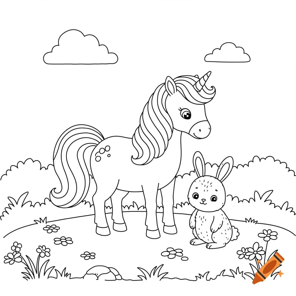 A unicorn and a bunny stand in a field with flowers and clouds, in black and white line art style.