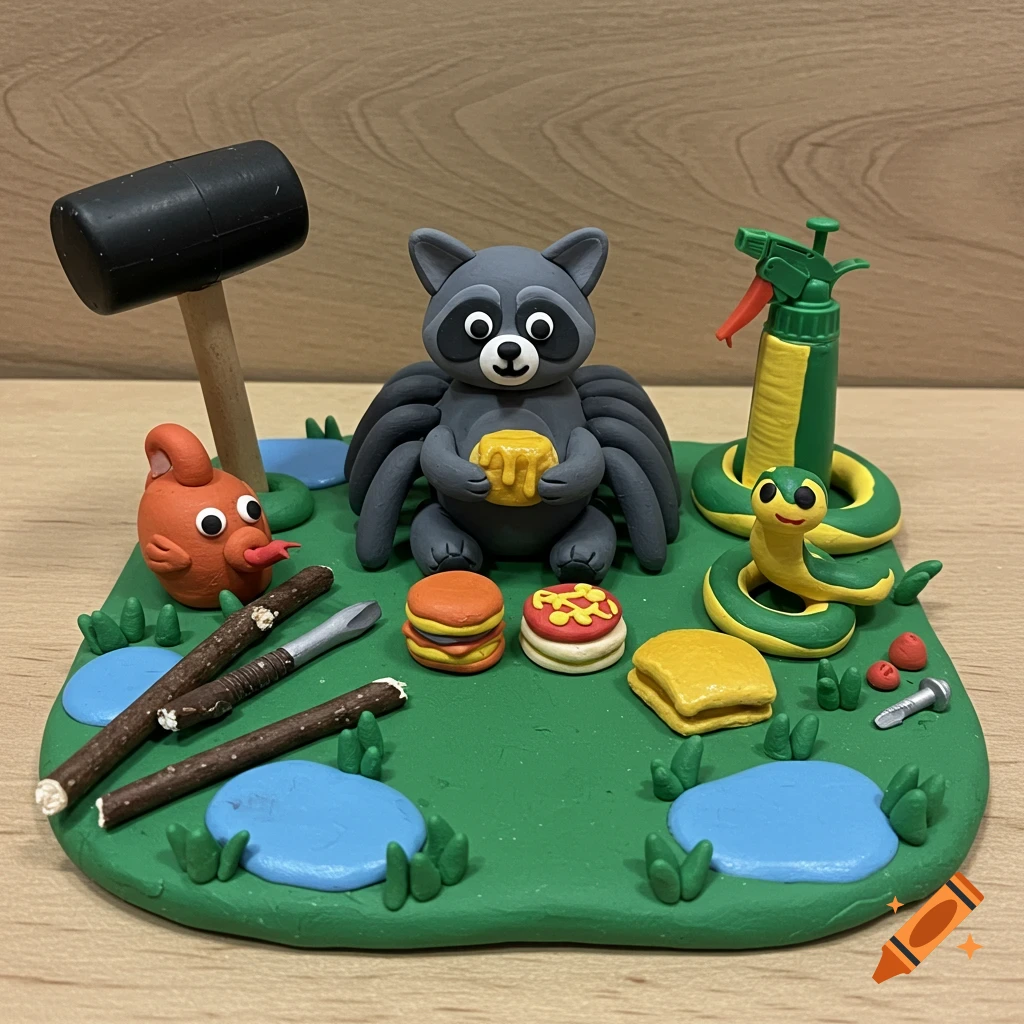 A clay diorama featuring a raccoon spider, snake, bird, mallet, and food items.
