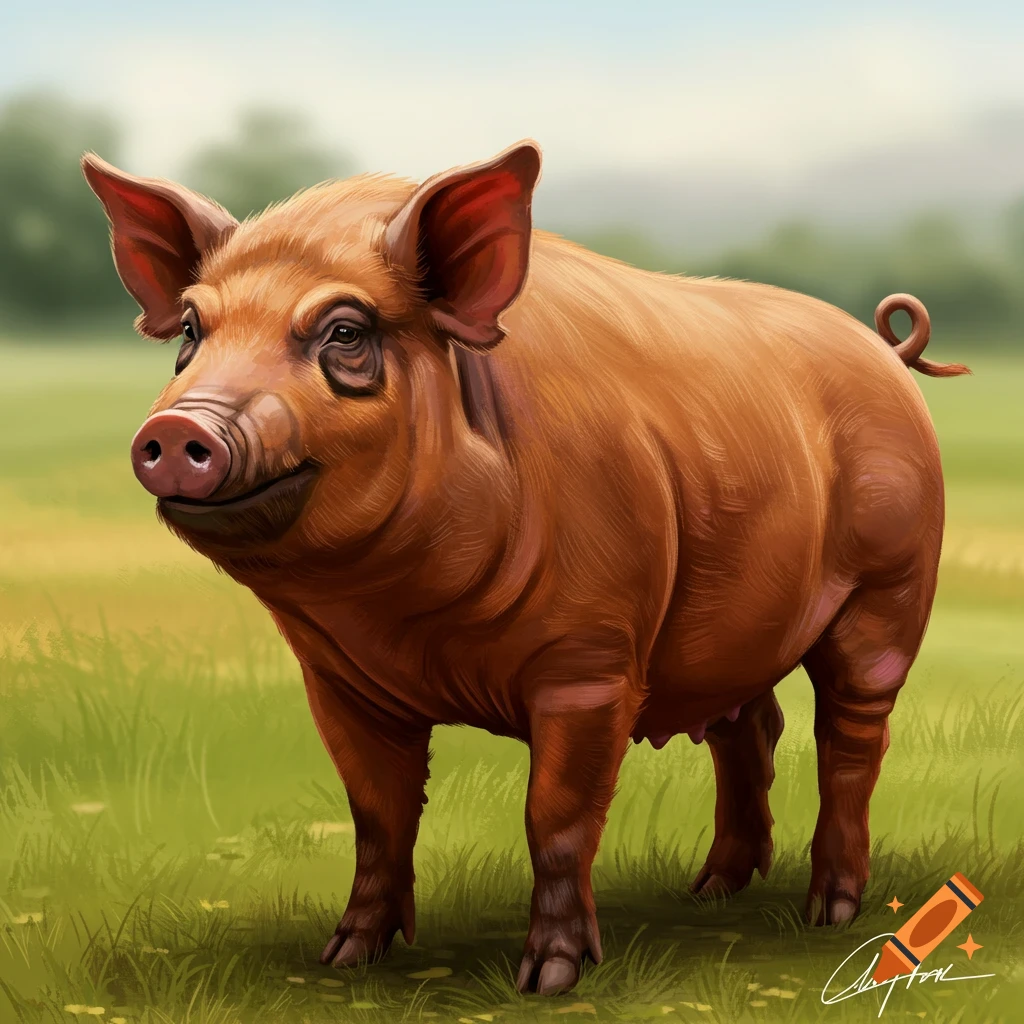 A brown pig stands in a grassy field with trees and sky in the background, rendered in a realistic style.
