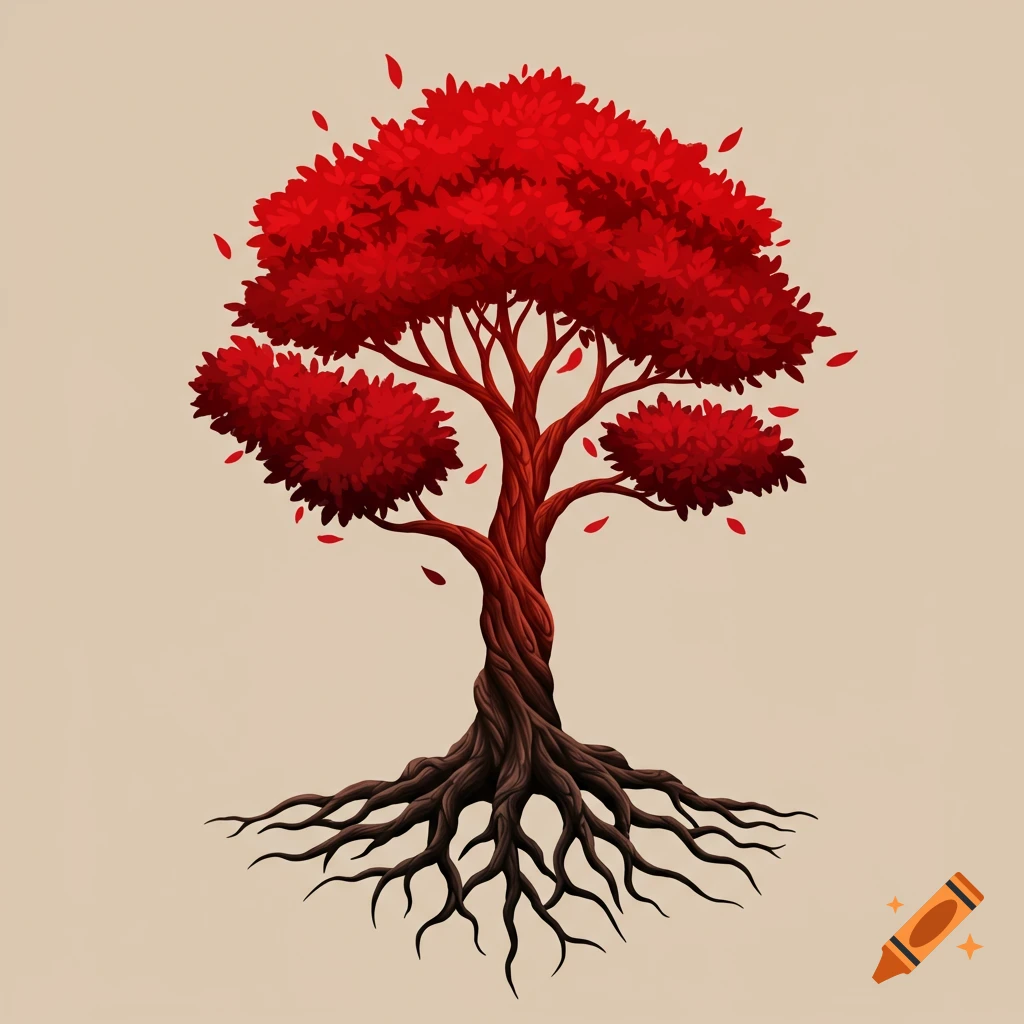 Stylized red-leaved tree with dark roots and falling leaves