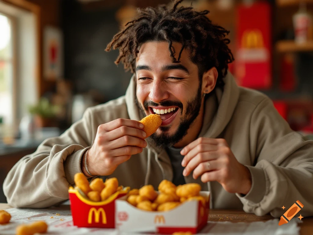 A man with dreadlocks smiles while eating a chicken nugget from a McDonald's box.