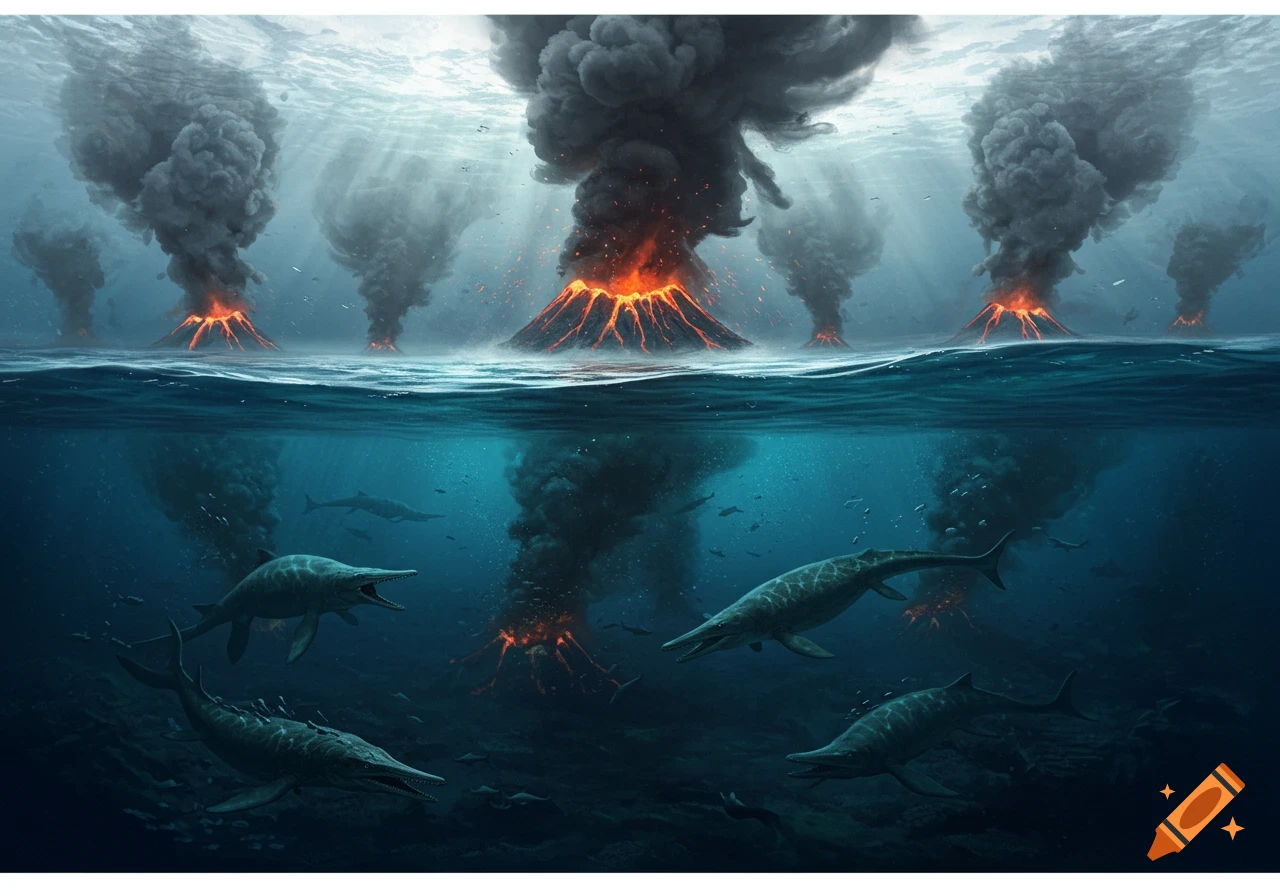 Split view image showing erupting volcanoes above water and ancient marine reptiles swimming below water amidst volcanic activity.