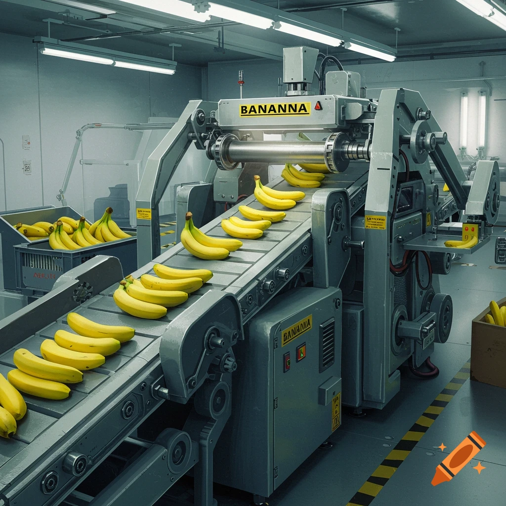 Bananas moving along a conveyor belt in a factory machine. Photorealistic.