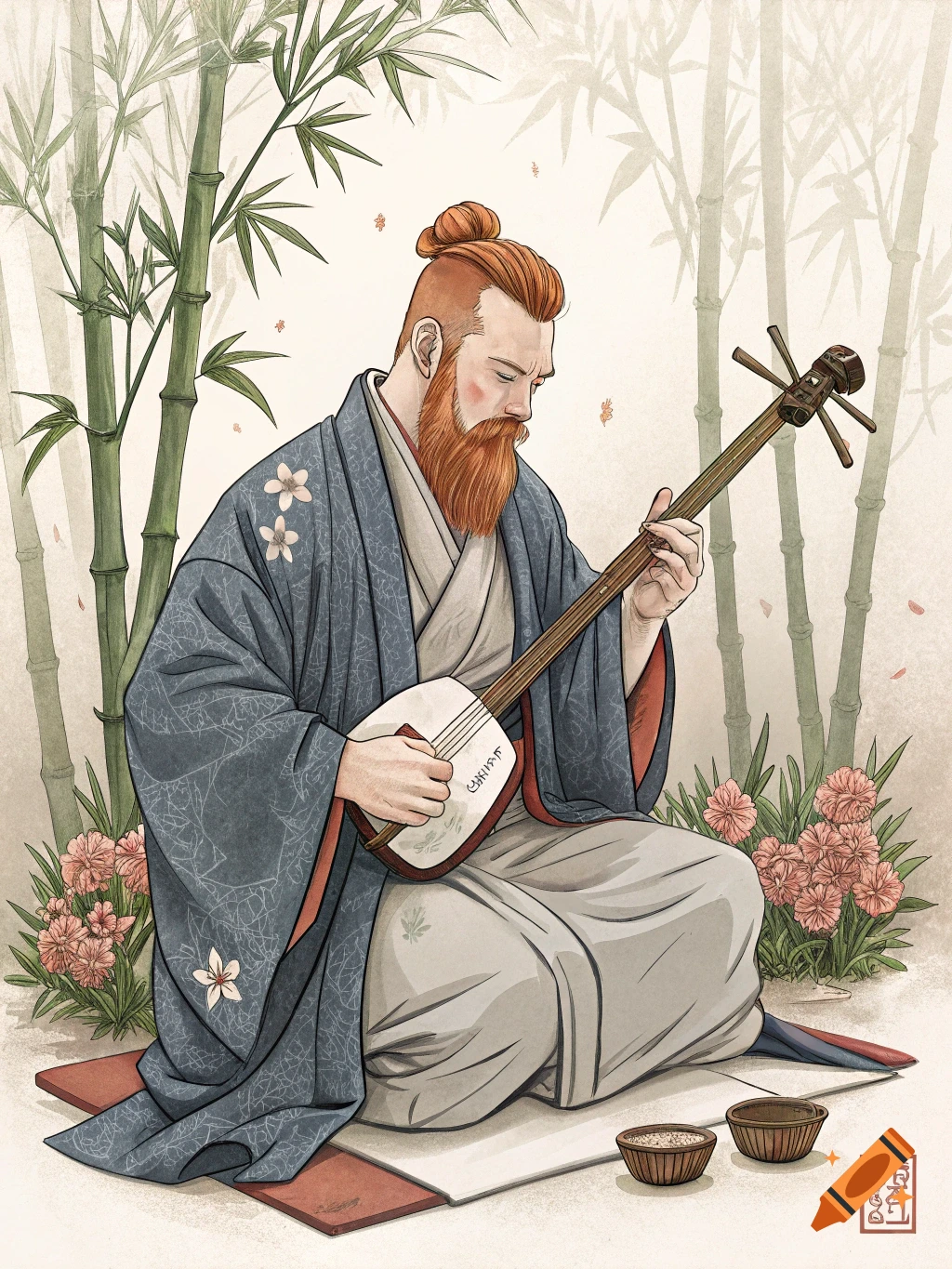 Man in kimono with beard and topknot playing a shamisen, sitting on a mat with bamboo and flowers in the background.