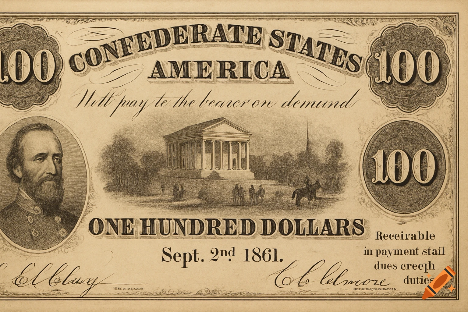 An engraved hundred dollar bill from the Confederate States of America.