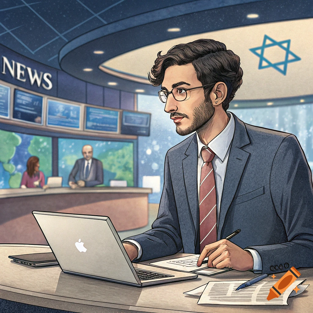 Illustrated man in a news studio at a desk with laptop, Star of David symbol visible.