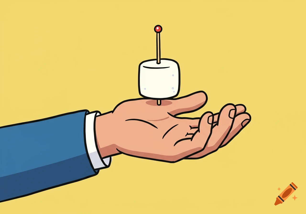 Cartoon hand holds a marshmallow on a toothpick.