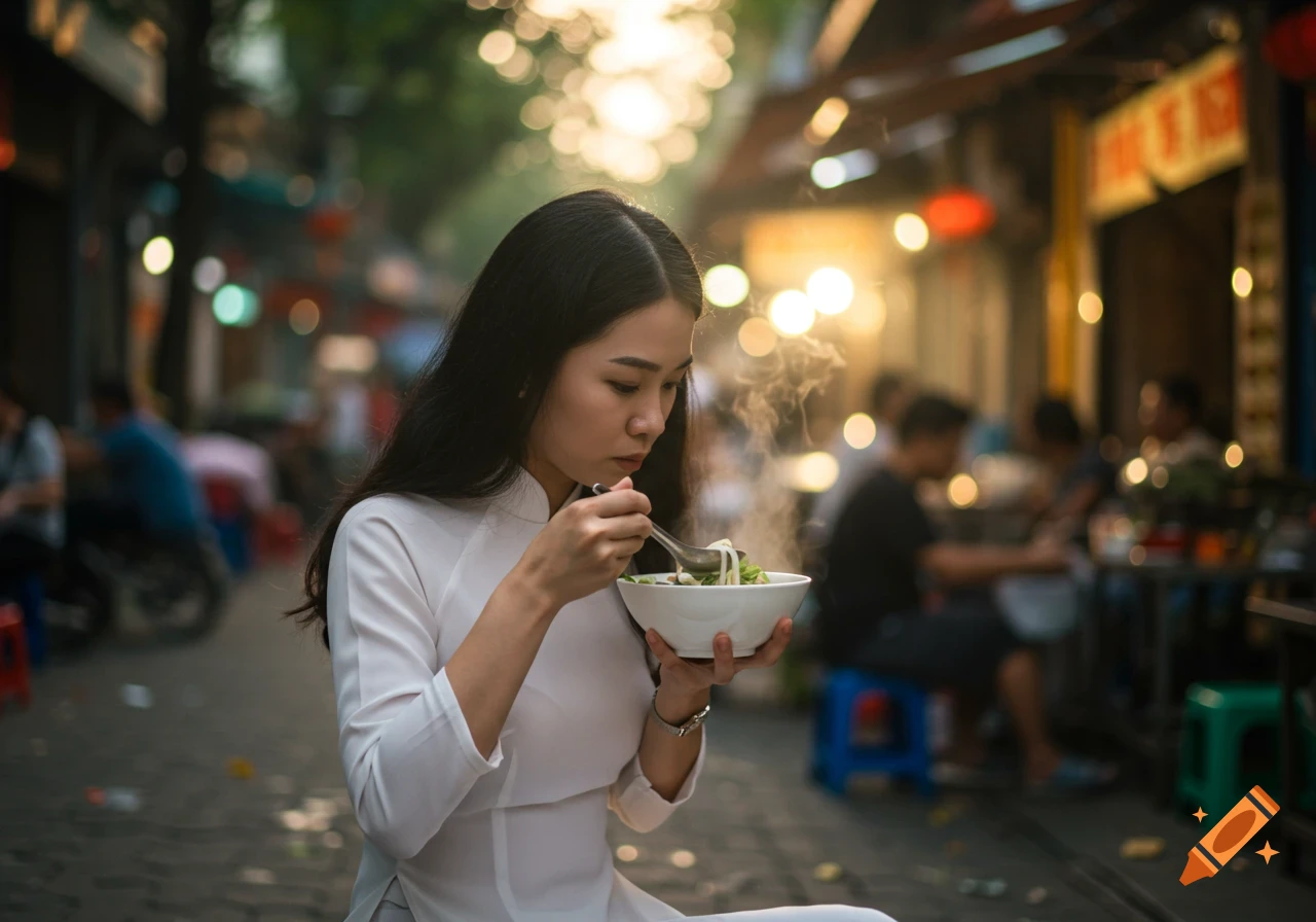 A woman in traditional Vietnamese clothing eats pho from a bowl in a street market.