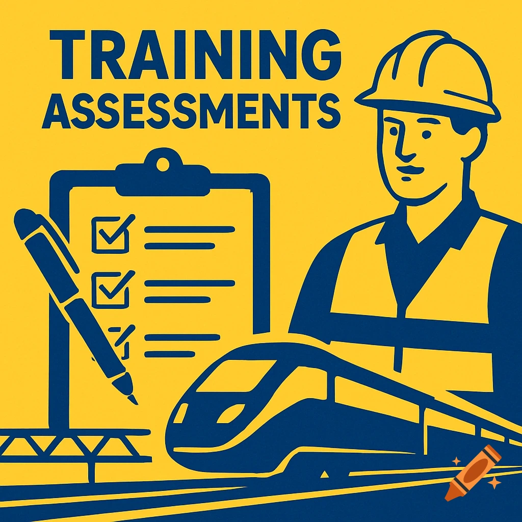 Illustration of a worker with a hard hat, a clipboard checklist, and a train with text reading "TRAINING ASSESSMENTS".