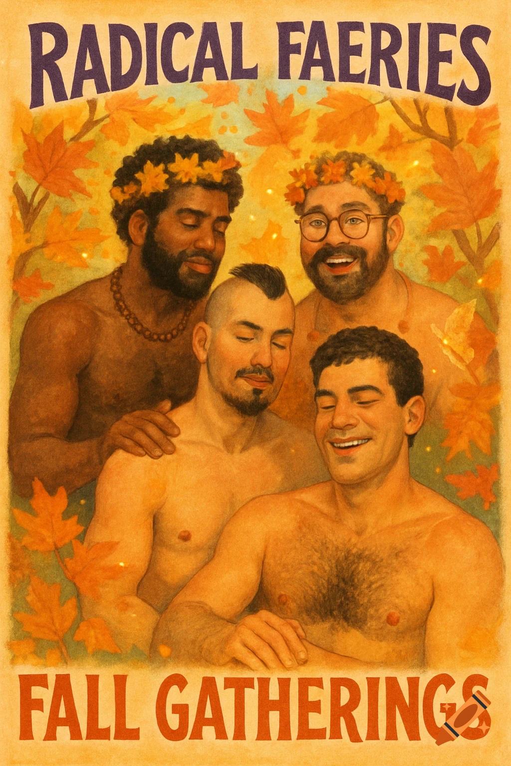 A warm-toned poster illustration of shirtless men wearing leaf crowns, surrounded by autumn leaves.