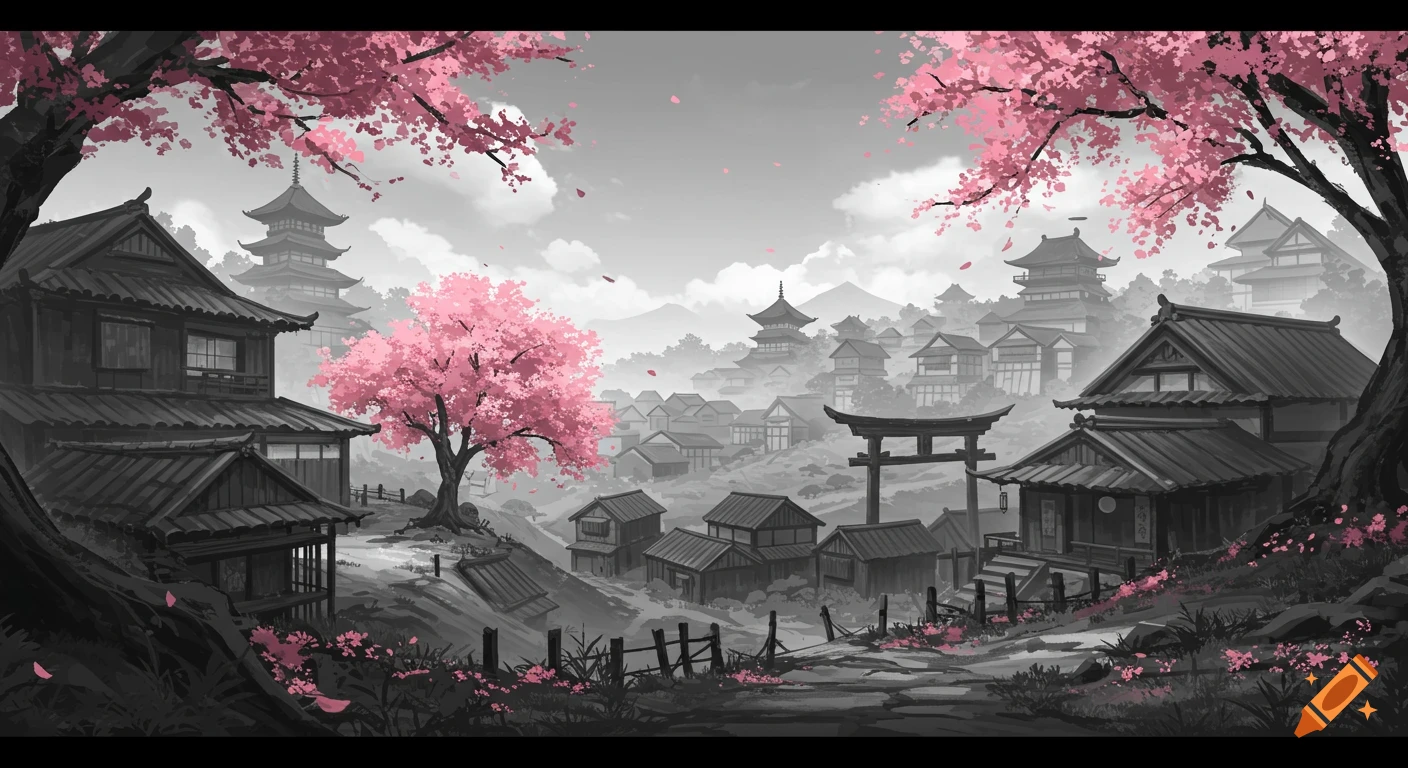 Artistic landscape of a Japanese village with traditional buildings, pagodas, and pink cherry blossoms in grayscale.
