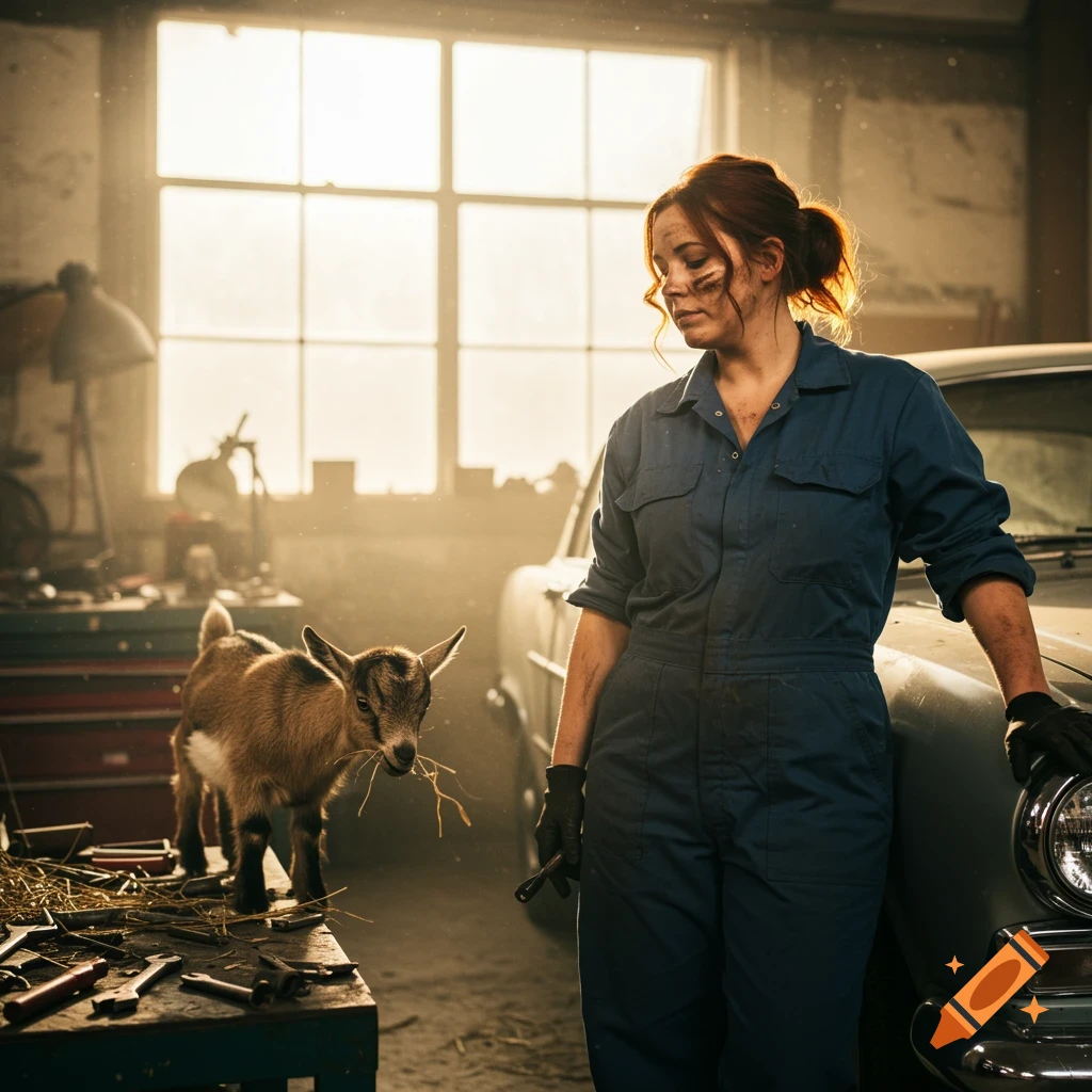 A woman in blue coveralls leans on a car in a dusty workshop with a baby goat on a workbench.