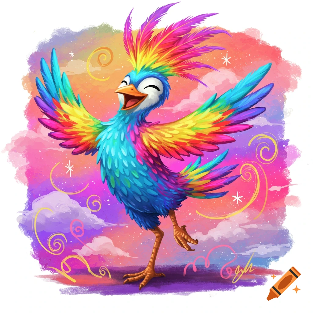 Cartoon bird with rainbow feathers spreading wings on a watercolor background.