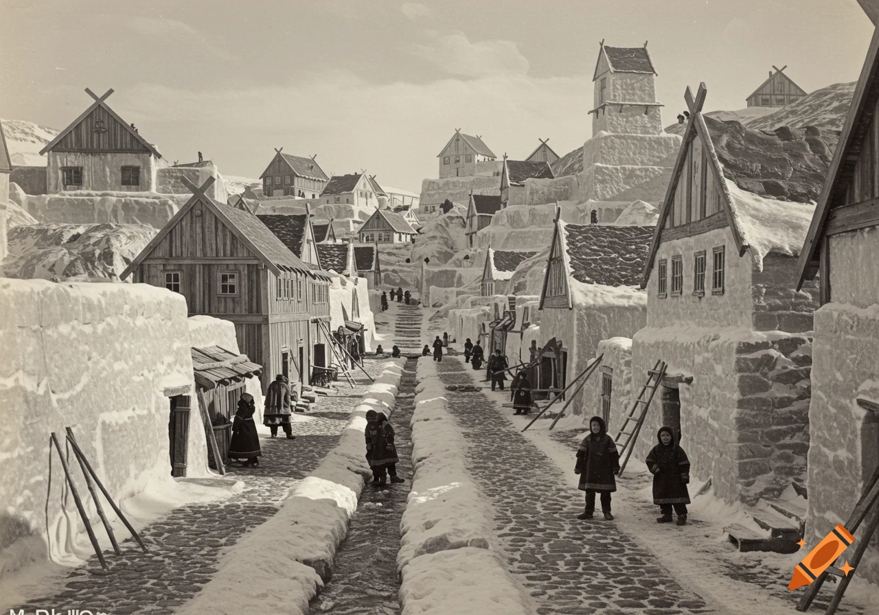 Sepia photograph of a snowy village street with people and houses