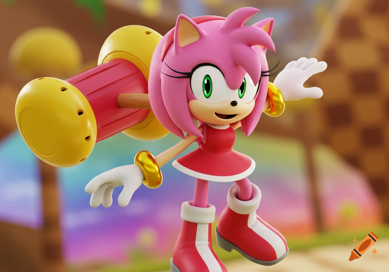 3D render of Amy Rose the hedgehog holding her hammer in a vibrant outdoor setting